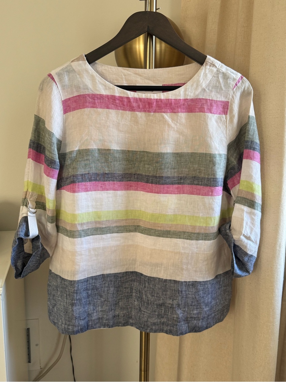 Charter Club Luxury 100% Linen Multi Color Striped 3/4 Sleeve Top| Petite Medium